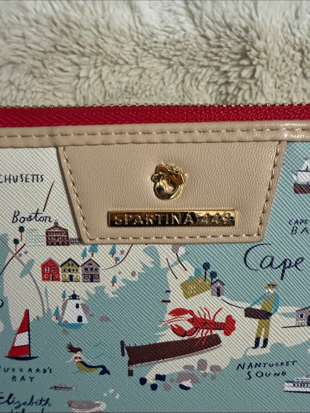 NWT Spartina 449 Light Blue Nautical Map Zip Wallet with Red Trim - Picture 2 of 7